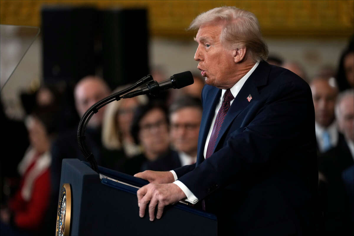 President Donald Trump gives his inaugural address after being sworn in at the U.S. Capitol Rotunda on January 20, 2025, in Washington, D.C.