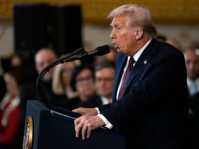 President Donald Trump gives his inaugural address after being sworn in at the U.S. Capitol Rotunda on January 20, 2025, in Washington, D.C.