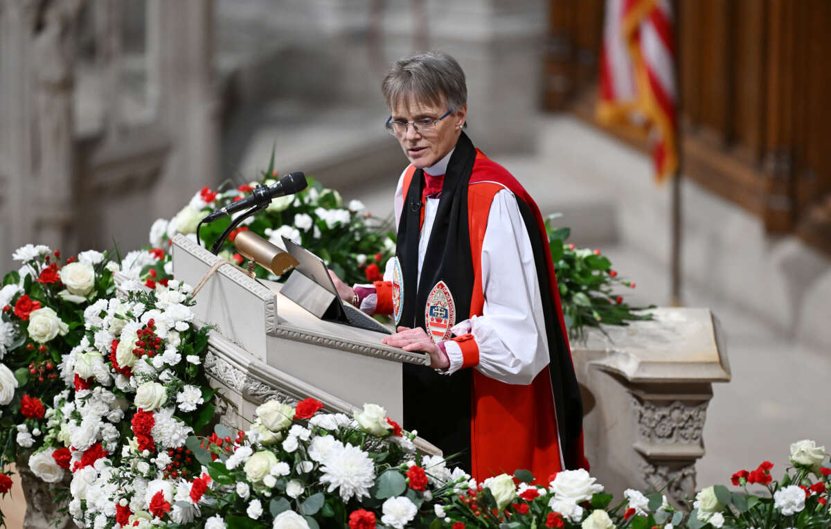 Bishop Mariann Edgar Budde speaks as President Donald Trump was in attendance for A Service of Prayer for the Nation at Washington National Cathedral on January 21, 2025, in Washington, D.C.