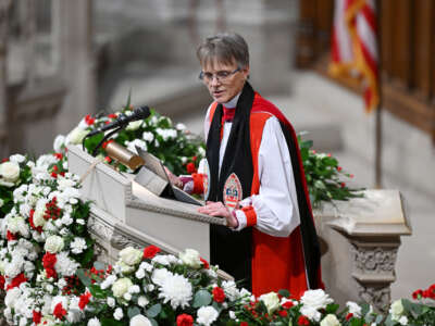 Bishop Mariann Edgar Budde speaks as President Donald Trump was in attendance for A Service of Prayer for the Nation at Washington National Cathedral on January 21, 2025, in Washington, D.C.