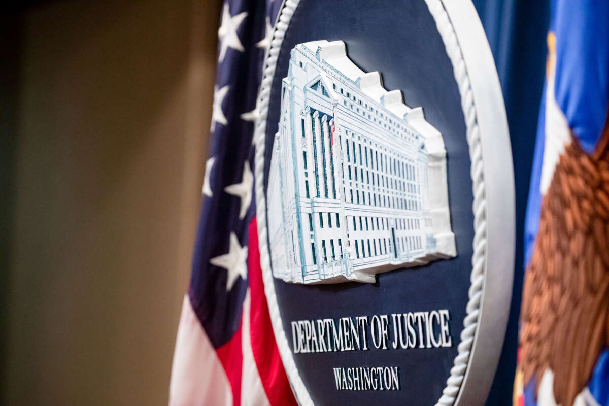 The U.S. Department of Justice seal is seen onstage at the U.S. Department of Justice on December 5, 2019, in Washington, D.C.