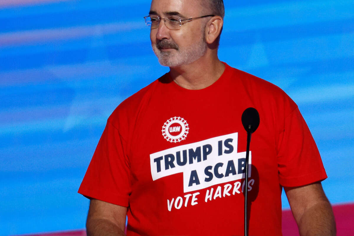 United Auto Workers President Shawn Fain speaks onstage during the first day of the Democratic National Convention at the United Center on August 19, 2024, in Chicago, Illinois.