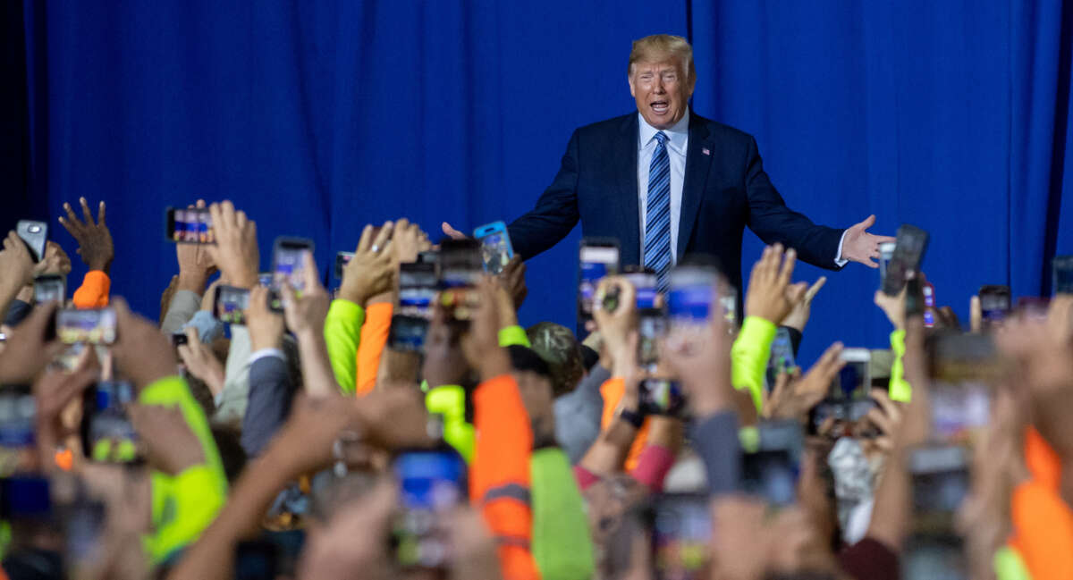 President Donald Trump speaks to 5000 contractors at the Shell Chemicals Petrochemical Complex on August 13, 2019, in Monaca, Pennsylvania.