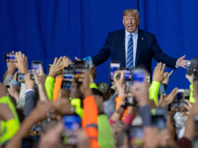 President Donald Trump speaks to 5000 contractors at the Shell Chemicals Petrochemical Complex on August 13, 2019, in Monaca, Pennsylvania.