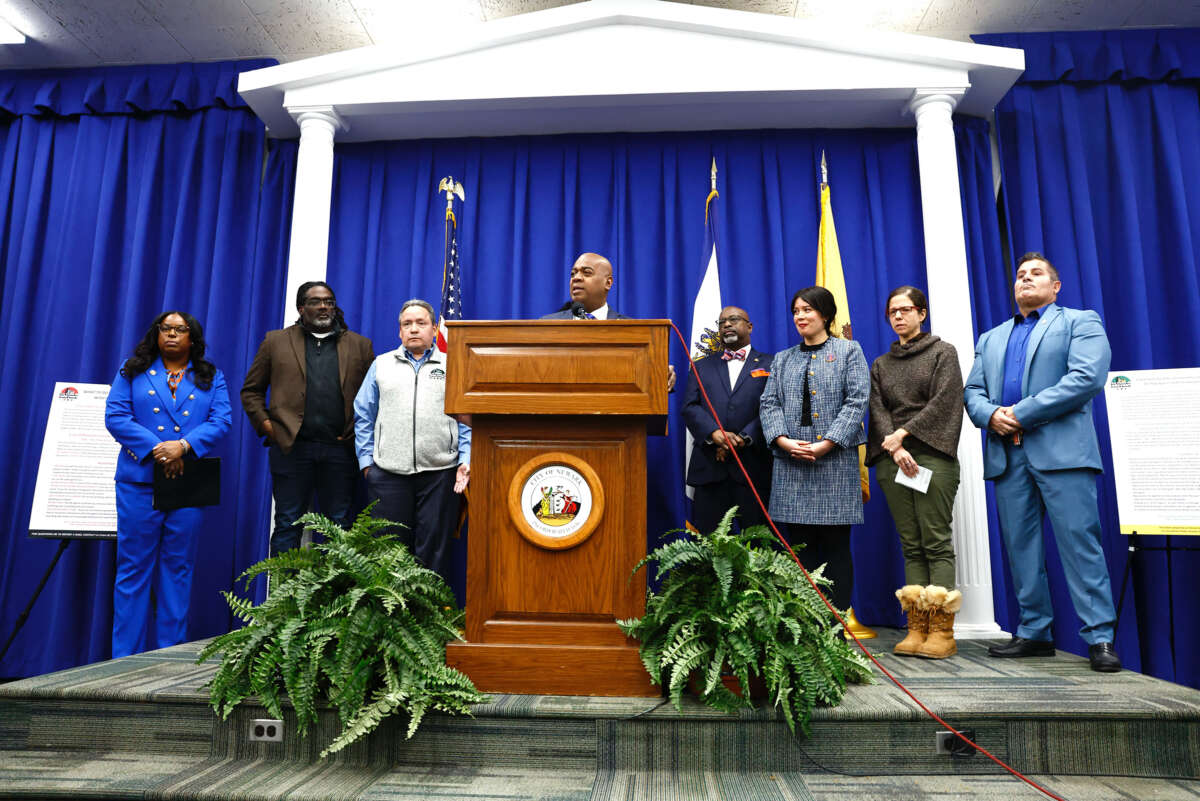 Mayor Ras Baraka speaks to the press on January 24, 2025, one day after an Immigration and Customs Enforcement raid in Newark, New Jersey.