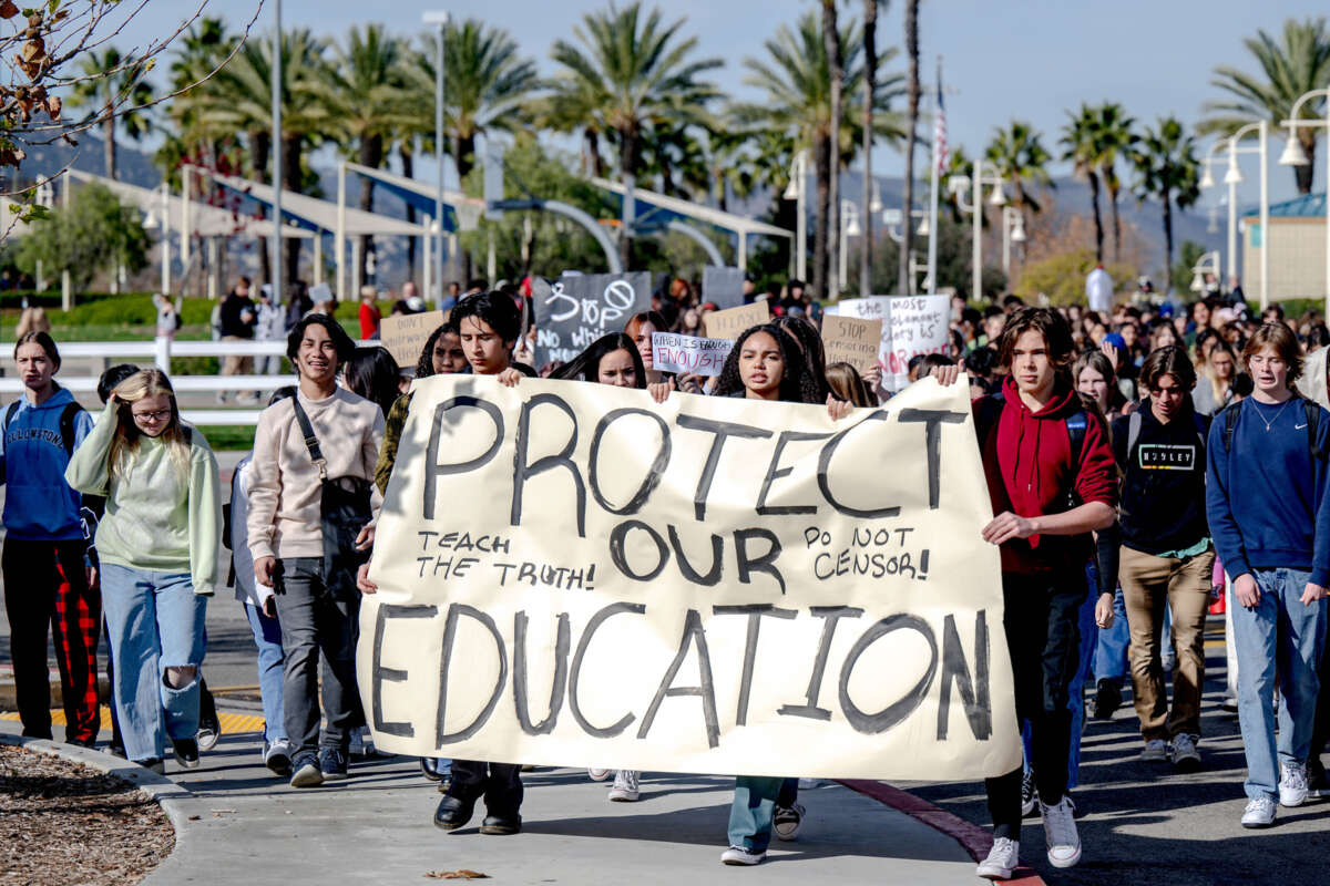 Great Oak High School students protest a district ban on critical race theory in the curriculum on December 16, 2022, in Temecula, California.