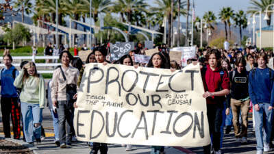 Great Oak High School students protest a district ban on critical race theory in the curriculum on December 16, 2022, in Temecula, California.