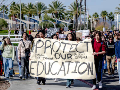 Great Oak High School students protest a district ban on critical race theory in the curriculum on December 16, 2022, in Temecula, California.