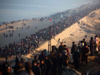 Palestinians, who are displaced to the south at Israel's order during the war, make their way back to their homes in northern Gaza amid a ceasefire between Israel and Hamas, in the central Gaza Strip, on January 27, 2025.