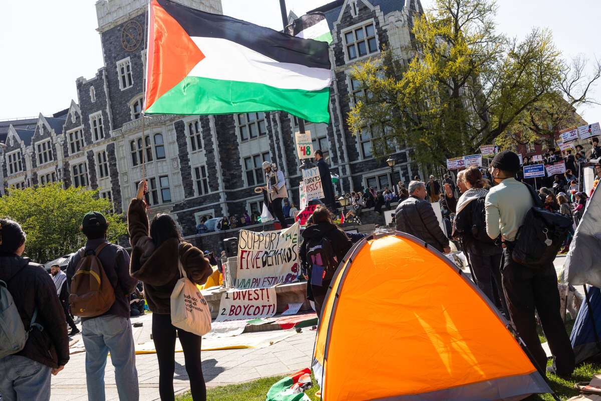 City University of New York students occupy the central quad of the CUNY campus with a Gaza Solidarity camp on April 26, 2024, in the Washington Heights neighborhood of New York City, New York.