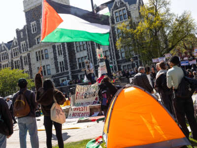 City University of New York students occupy the central quad of the CUNY campus with a Gaza Solidarity camp on April 26, 2024, in the Washington Heights neighborhood of New York City, New York.