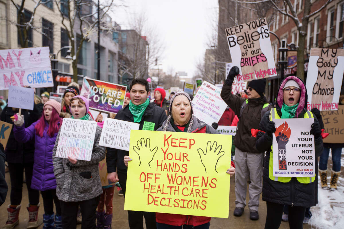 Abortion rights supporters march in Madison, Wisconsin, on January 22, 2022.