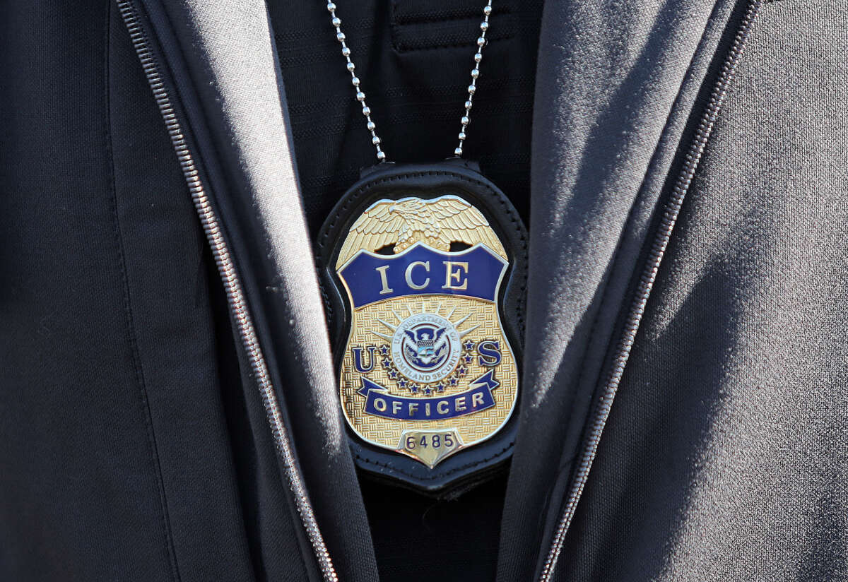 ICE agent badge is pictured on September 25, 2019, in Revere, Massachusetts.