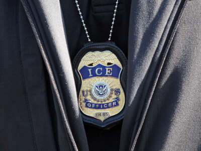 ICE agent badge is pictured on September 25, 2019, in Revere, Massachusetts.