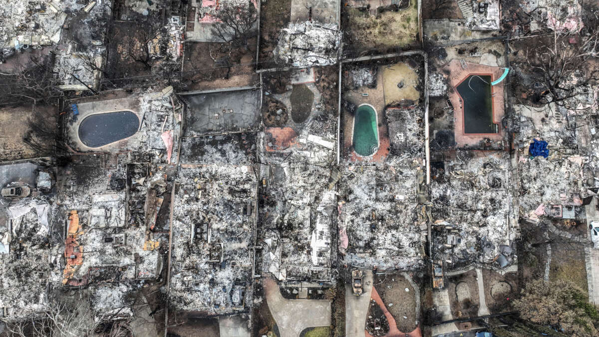 Homes along Concha St. and nearby lay in ruins less than two weeks after the Eaton Fire devastated the area, in Altadena, California, on January 26, 2025.