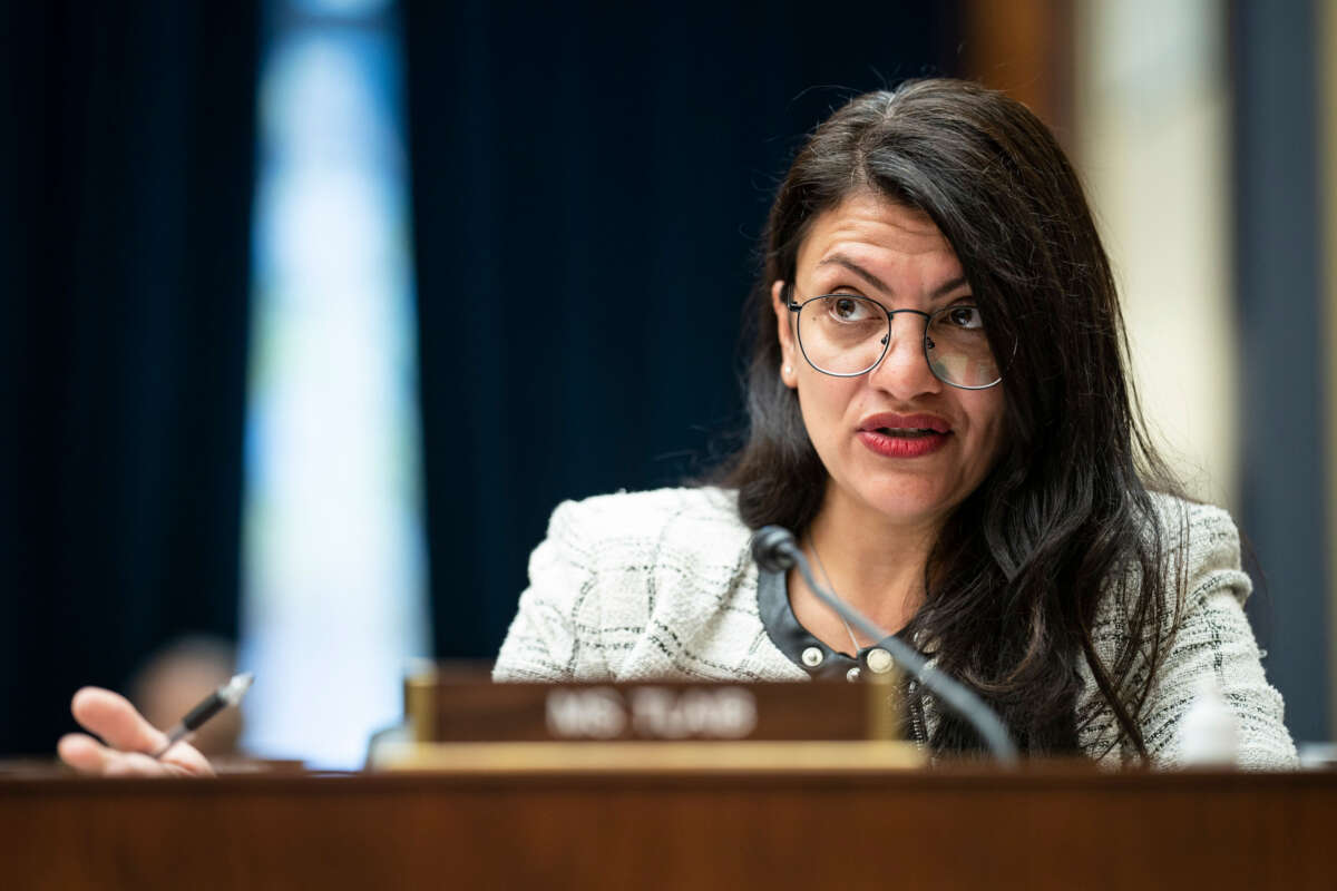 Rep. Rashida Tlaib speaks during a House Committee on Financial Services hearing on Capitol Hill on December 1, 2021, in Washington, D.C.