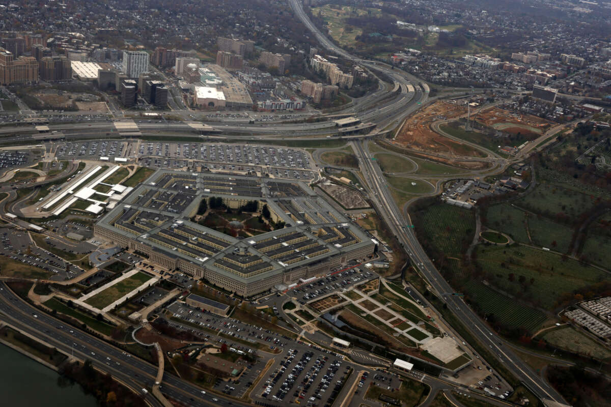 The Pentagon is seen from a flight taking off from Ronald Reagan Washington National Airport on November 29, 2022, in Arlington, Virginia.