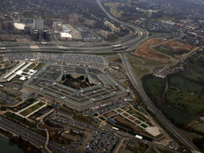 The Pentagon is seen from a flight taking off from Ronald Reagan Washington National Airport on November 29, 2022, in Arlington, Virginia.