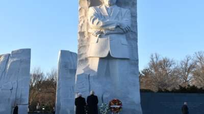 President Donald Trump and Vice President Mike Pence look on at the Martin Luther King Jr. memorial on MLK day in Washington, D.C., on January 20, 2020.