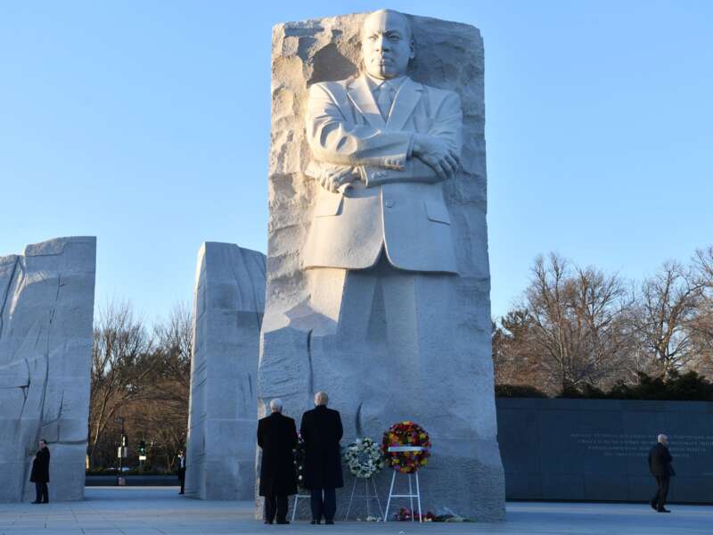 President Donald Trump and Vice President Mike Pence look on at the Martin Luther King Jr. memorial on MLK day in Washington, D.C., on January 20, 2020.