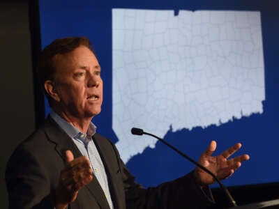 Gov. Ned Lamont speaks at a press conference at the UConn School of Business Graduate Learning Center in Hartford, Connecticut, on January 13, 2020.