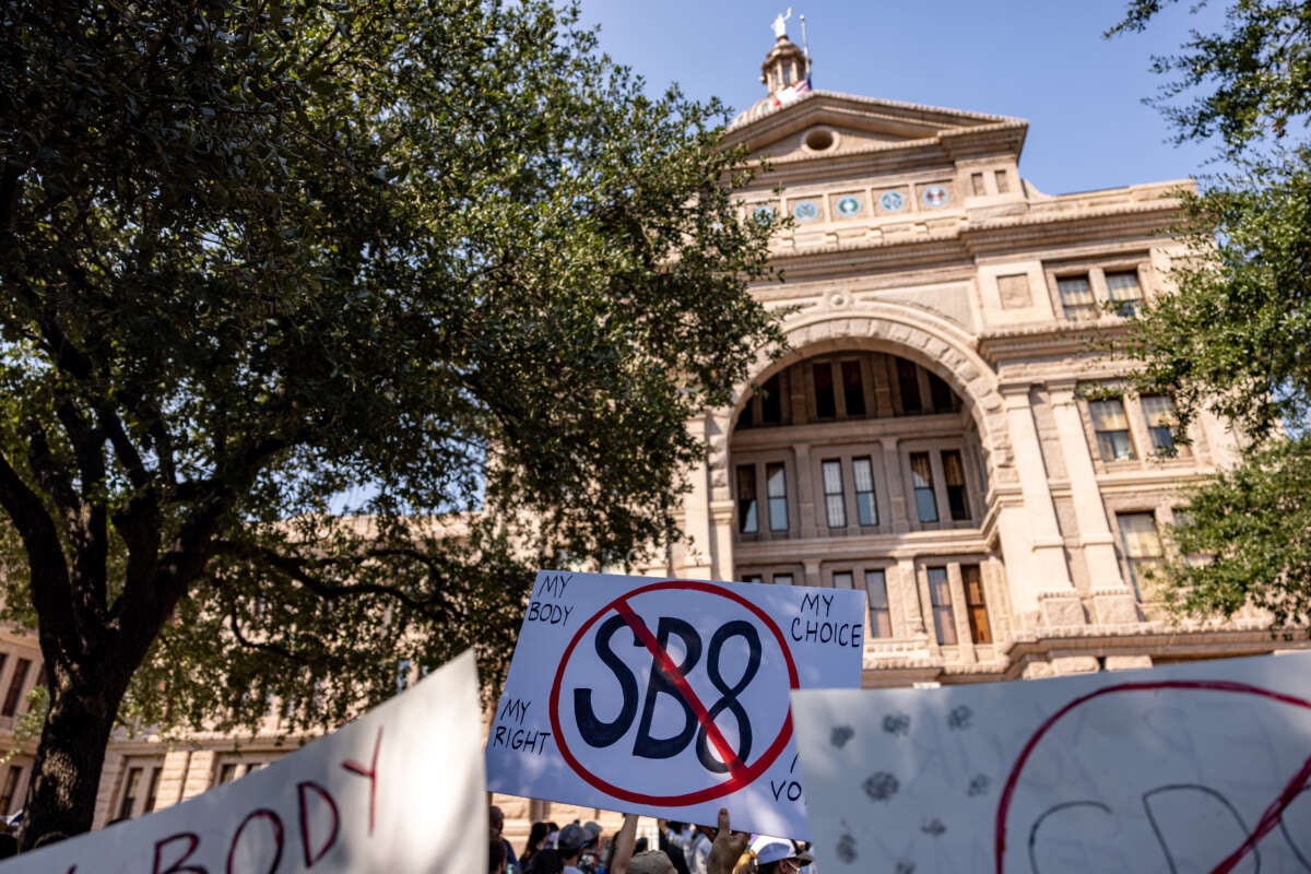 Abortion rights activists rally at the Texas State Capitol to protest SB8, an abortion bounty bill, on September 11, 2021, in Austin, Texas.