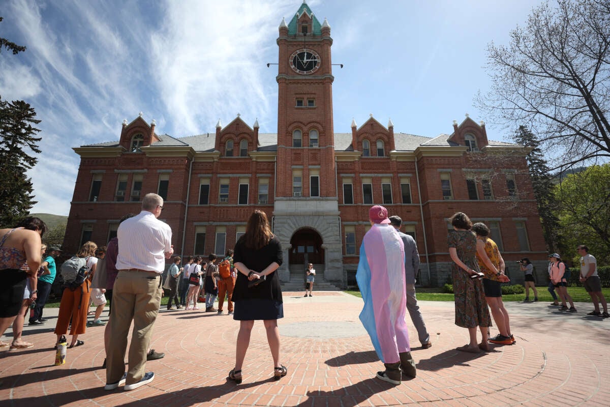 Transgender rights activists gather for a demonstration on the University of Montana campus on May 3, 2023, in Missoula, Montana.