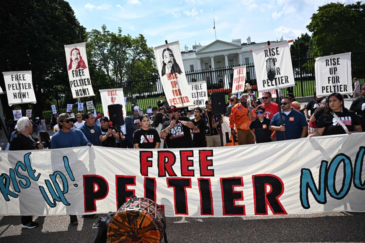 Indigenous rights activists take part in a rally in support of Native American activist Leonard Peltier, at Lafayette Square across from the White House, in Washington, D.C., on September 12, 2023.