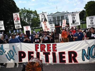 Indigenous rights activists take part in a rally in support of Native American activist Leonard Peltier, at Lafayette Square across from the White House, in Washington, D.C., on September 12, 2023.