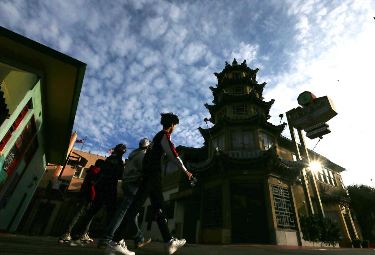 Puffy white clouds drift over Chinatown in Los Angeles, California, on January 2, 2024.