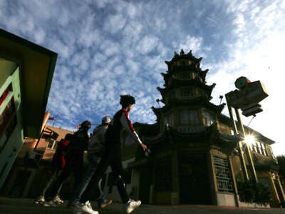 Puffy white clouds drift over Chinatown in Los Angeles, California, on January 2, 2024.