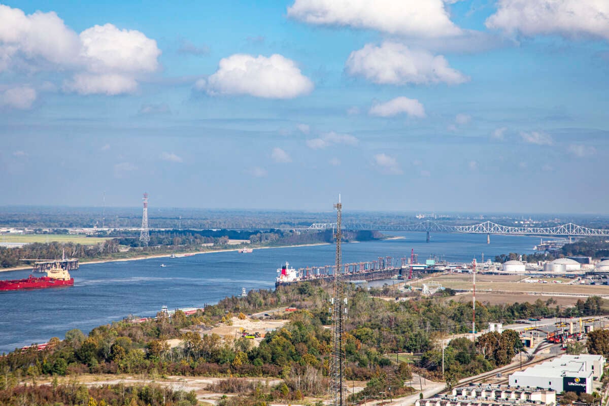 Industry along the Mississippi River is seen near Baton Rouge, Louisiana, on February 27, 2024.