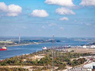 Industry along the Mississippi River is seen near Baton Rouge, Louisiana, on February 27, 2024.