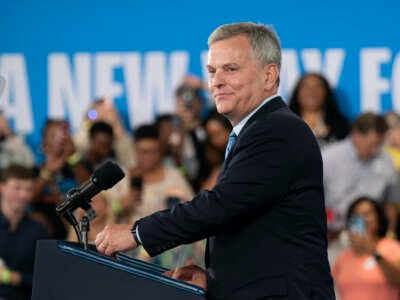 Josh Stein speaks at an event with Kamala Harris in Raleigh, North Carolina, on August 16, 2024.