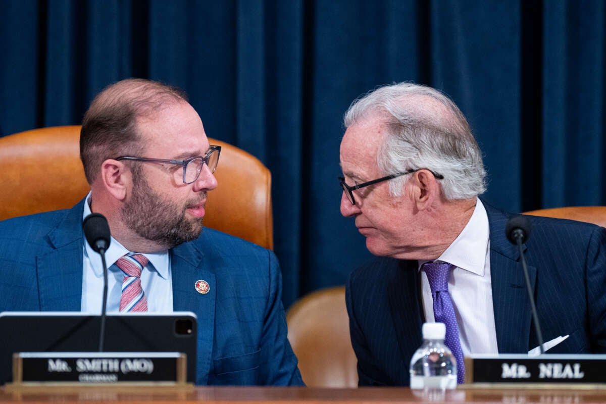 Chairman Jason Smith, left, speaks with ranking member Rep. Richard Neal before the start of the House Ways and Means Committee markup hearing in the Longworth House Office Building on September 11, 2024.