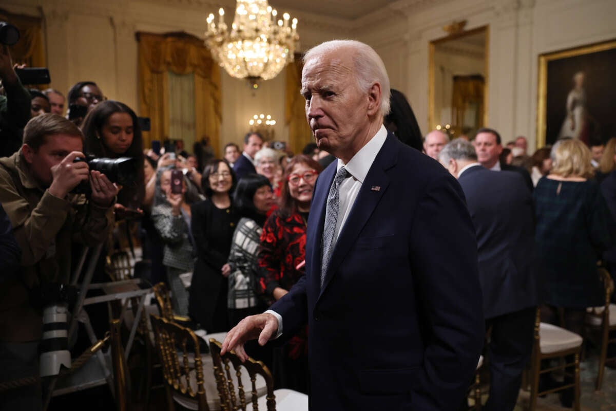 President Joe Biden departs after hosting the Presidential Citizens Medal ceremony in the East Room of the White House on January 2, 2025, in Washington, D.C.