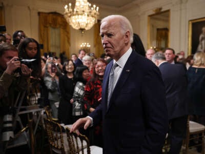 President Joe Biden departs after hosting the Presidential Citizens Medal ceremony in the East Room of the White House on January 2, 2025, in Washington, D.C.