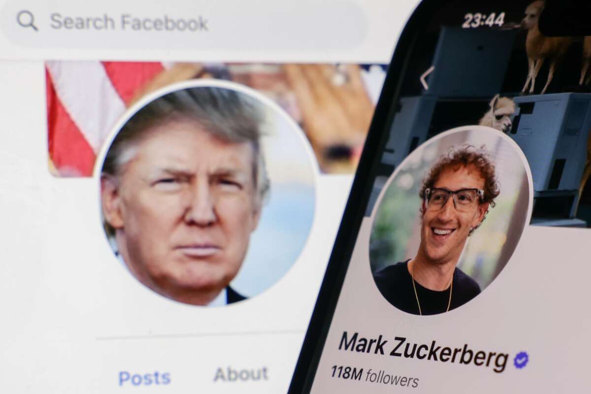 Donald Trump Facebook account displayed on a laptop screen and Mark Zuckerberg account on Facebook displayed on a phone screen are seen in this illustration photo taken in Krakow, Poland, on January 7, 2025.