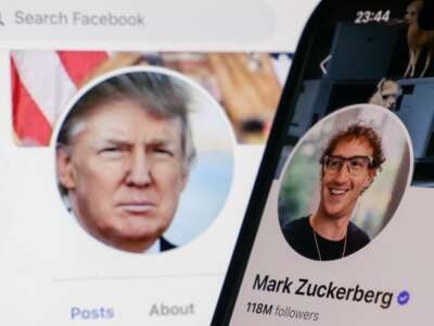 Donald Trump Facebook account displayed on a laptop screen and Mark Zuckerberg account on Facebook displayed on a phone screen are seen in this illustration photo taken in Krakow, Poland, on January 7, 2025.