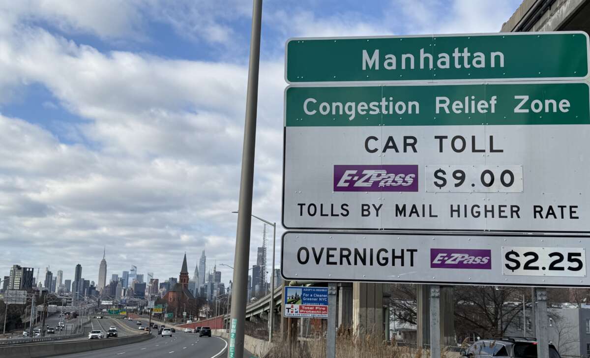 Congestion pricing, or Congestion Relief Zone, car toll sign on the westbound Long Island Expressway approaching Van Dam Street in Queens, New York on January 5, 2025.