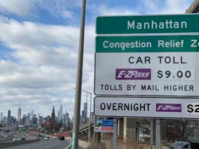 Congestion pricing, or Congestion Relief Zone, car toll sign on the westbound Long Island Expressway approaching Van Dam Street in Queens, New York on January 5, 2025.