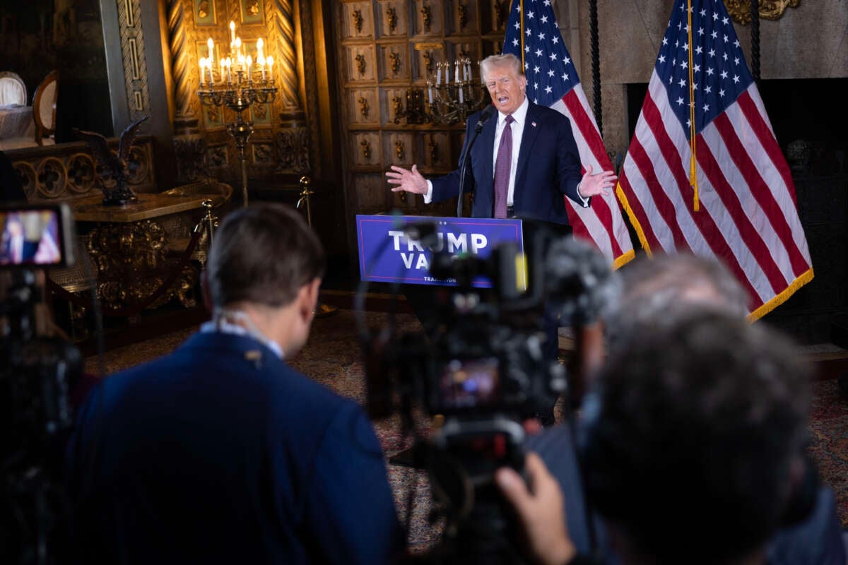 Donald Trump speaks to members of the media during a press conference at the Mar-a-Lago Club on January 7, 2025, in Palm Beach, Florida.