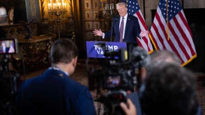 Donald Trump speaks to members of the media during a press conference at the Mar-a-Lago Club on January 7, 2025, in Palm Beach, Florida.