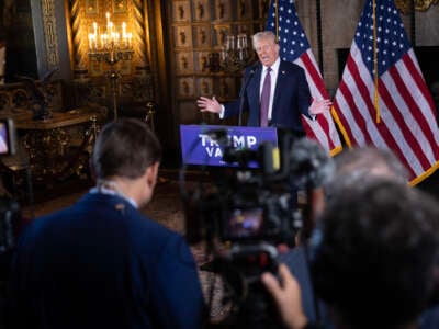 Donald Trump speaks to members of the media during a press conference at the Mar-a-Lago Club on January 7, 2025, in Palm Beach, Florida.