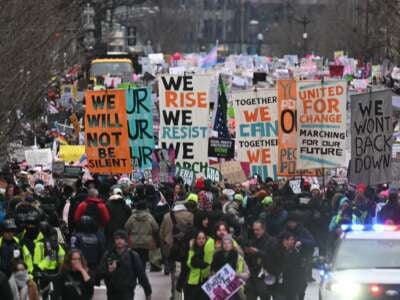 Protesters rally during the "People's March on Washington" in Washington, D.C., on January 18, 2025, ahead of the inauguration of President-elect Donald Trump.