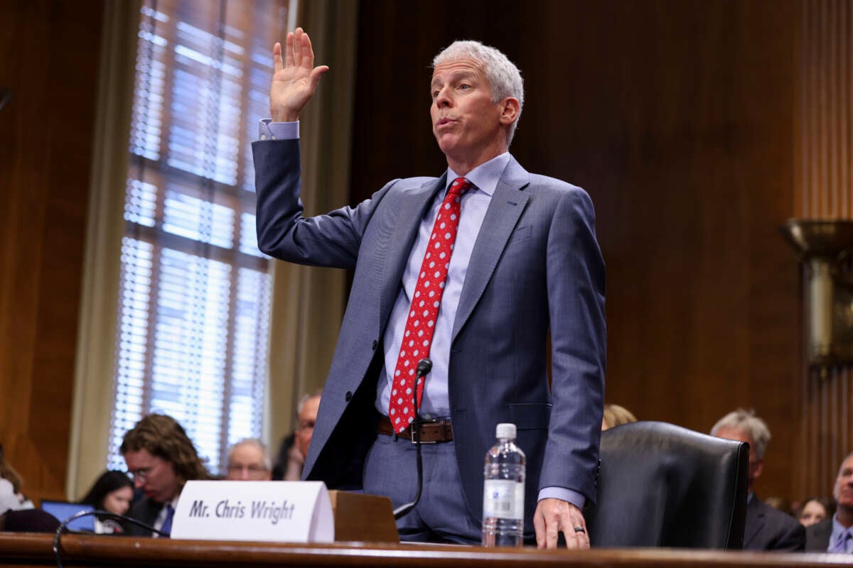 Chris Wright, President-elect Donald Trump's nominee for Energy Secretary, is sworn in during his Senate Energy and Natural Resources confirmation hearing on Capitol Hill on January 15, 2025, in Washington, D.C.