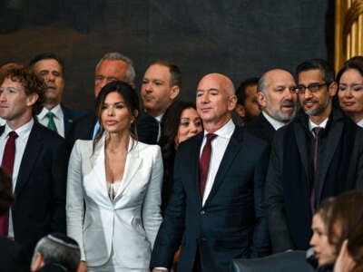 Meta CEO Mark Zuckerberg (left), Lauren Sanchez, Amazon founder Jeff Bezos and CEO of Alphabet Inc. and Google Sundar Pichai attend Trump's second inauguration ceremony in Washington, D.C., on January 20, 2025.