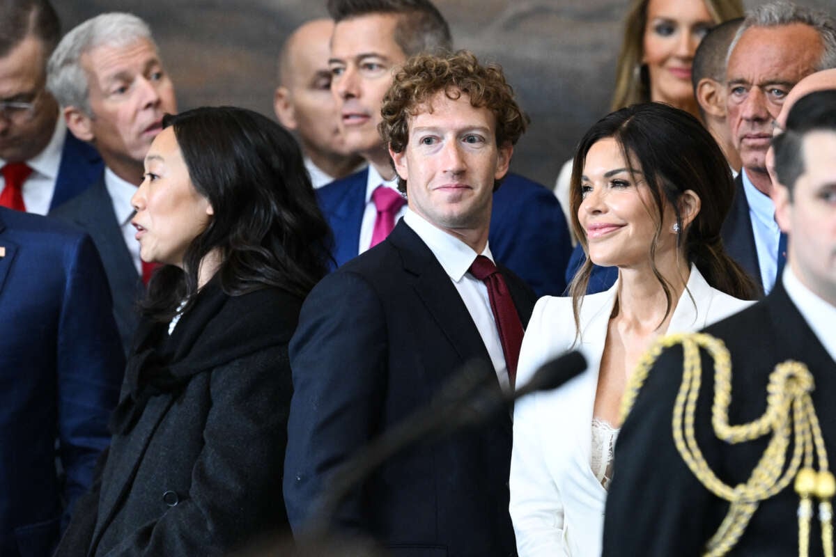 Priscilla Chan, CEO of Meta and Facebook Mark Zuckerberg, and Lauren Sanchez attend the inauguration ceremony before Donald Trump is sworn in as the 47th US President in the US Capitol Rotunda in Washington, DC, on January 20, 2025.