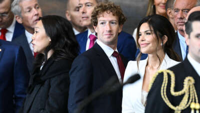 Priscilla Chan, CEO of Meta and Facebook Mark Zuckerberg, and Lauren Sanchez attend the inauguration ceremony before Donald Trump is sworn in as the 47th US President in the US Capitol Rotunda in Washington, DC, on January 20, 2025.