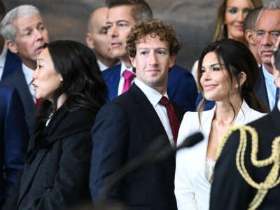 Priscilla Chan, CEO of Meta and Facebook Mark Zuckerberg, and Lauren Sanchez attend the inauguration ceremony before Donald Trump is sworn in as the 47th US President in the US Capitol Rotunda in Washington, DC, on January 20, 2025.